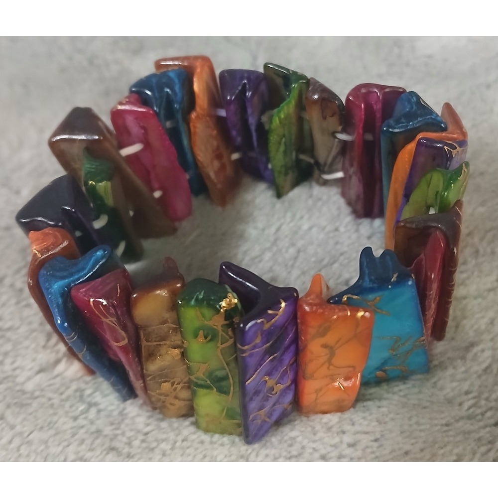 Y2K Mother of Pearl Bracelet Shell Tile Stretch Boho Statement Gold Paint Accent
